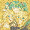 [Miku, Rin and Len hugging each other]